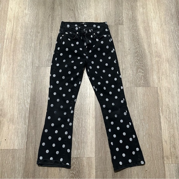 7 for all mankind High Rise Slim Kick Jeans In Black With White Polka Dots SZ26 - Picture 2 of 12